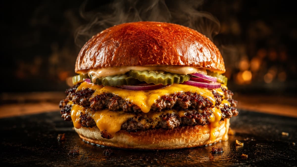 Double smash burger au cheddar fondant, photo professionnelle