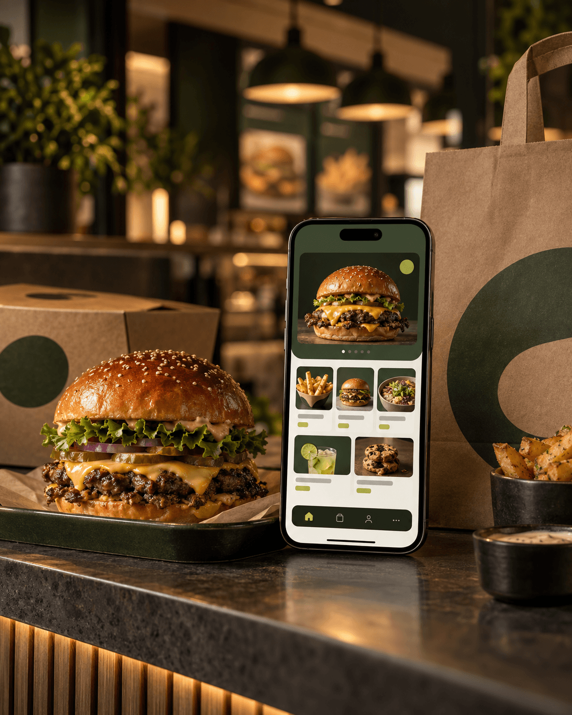Application mobile d’un restaurant posée à côté d’un burger et d’un sac personnalisé