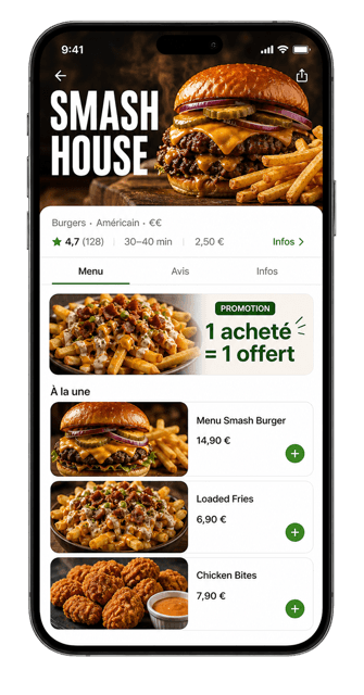 La même page Uber Eats avec Plaads — identité visuelle, promotion, note 4,7